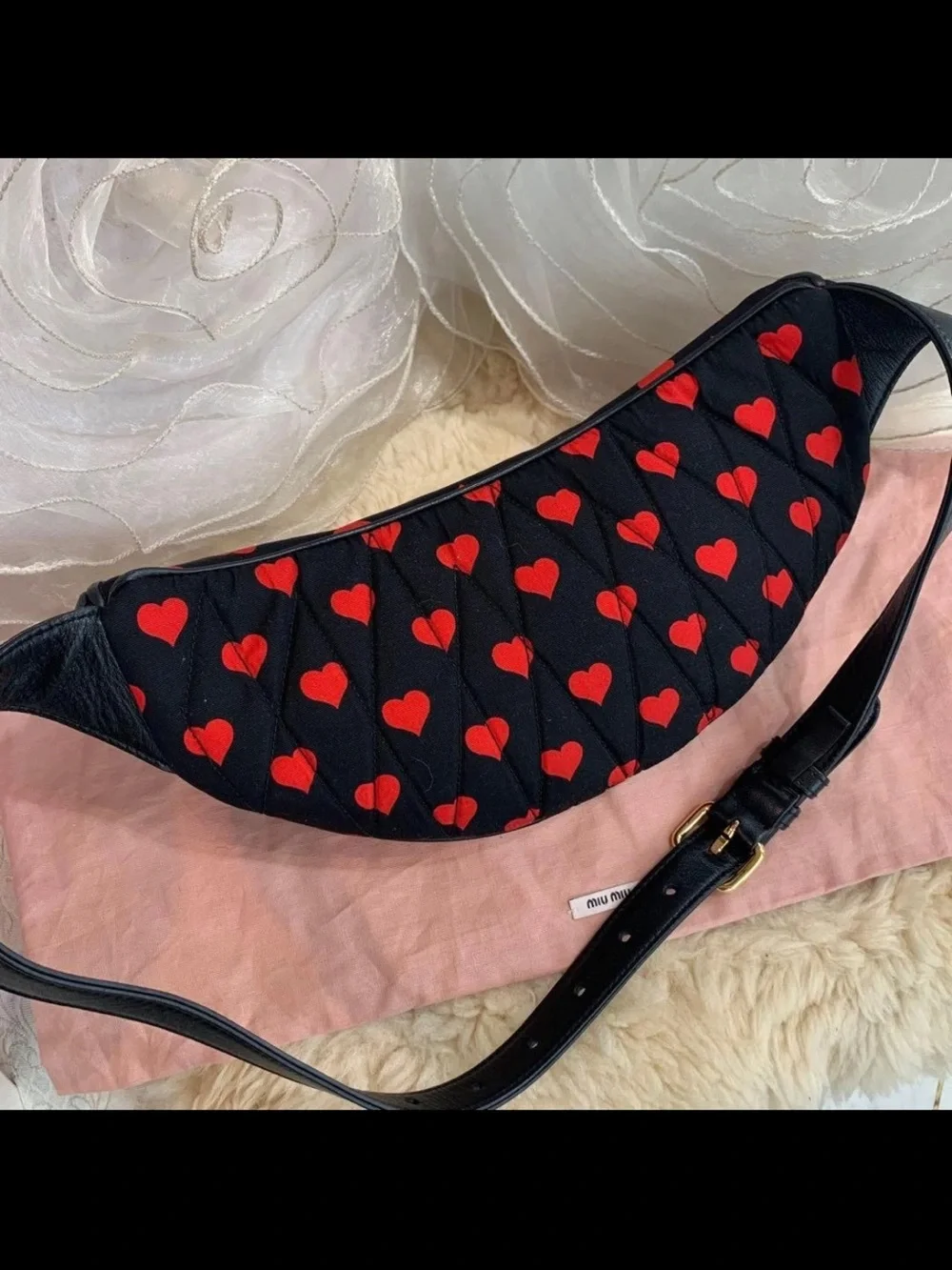 Miu Miu Black Quilted Crossbody with Red Heart Print and Gold Hardware